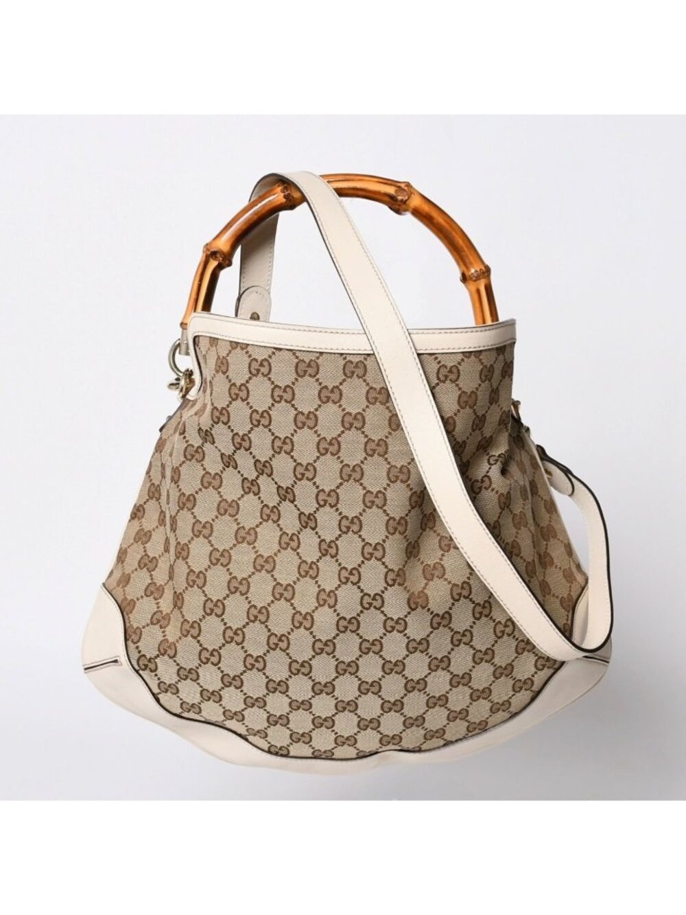 Gucci Bamboo 2-Way Hand Bag Handbag GG Canvas Beige Ivory
